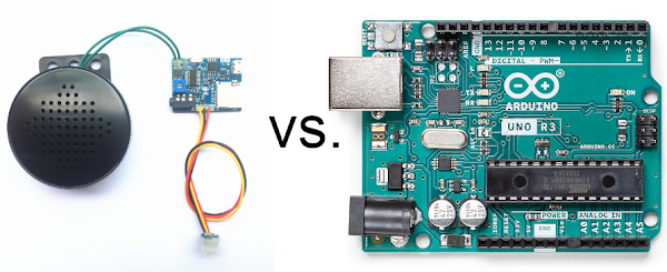 Flyrontech’s FN-M2A PIR Motion Sensor Activated Audio Player (left), and the Arduino Uno R3 microcontroller board (right)